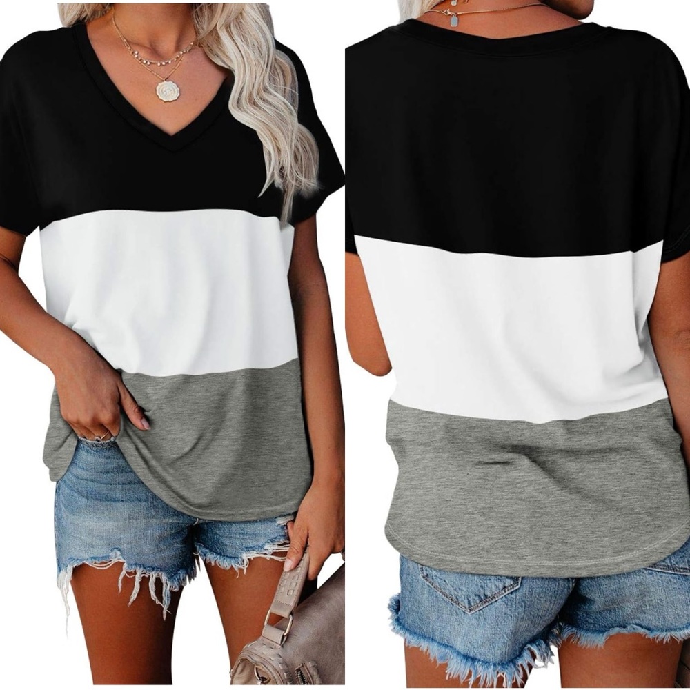 Women’s Summer V-neck Short Sleeve Shirt Trendy Casual Color Block, 2XL